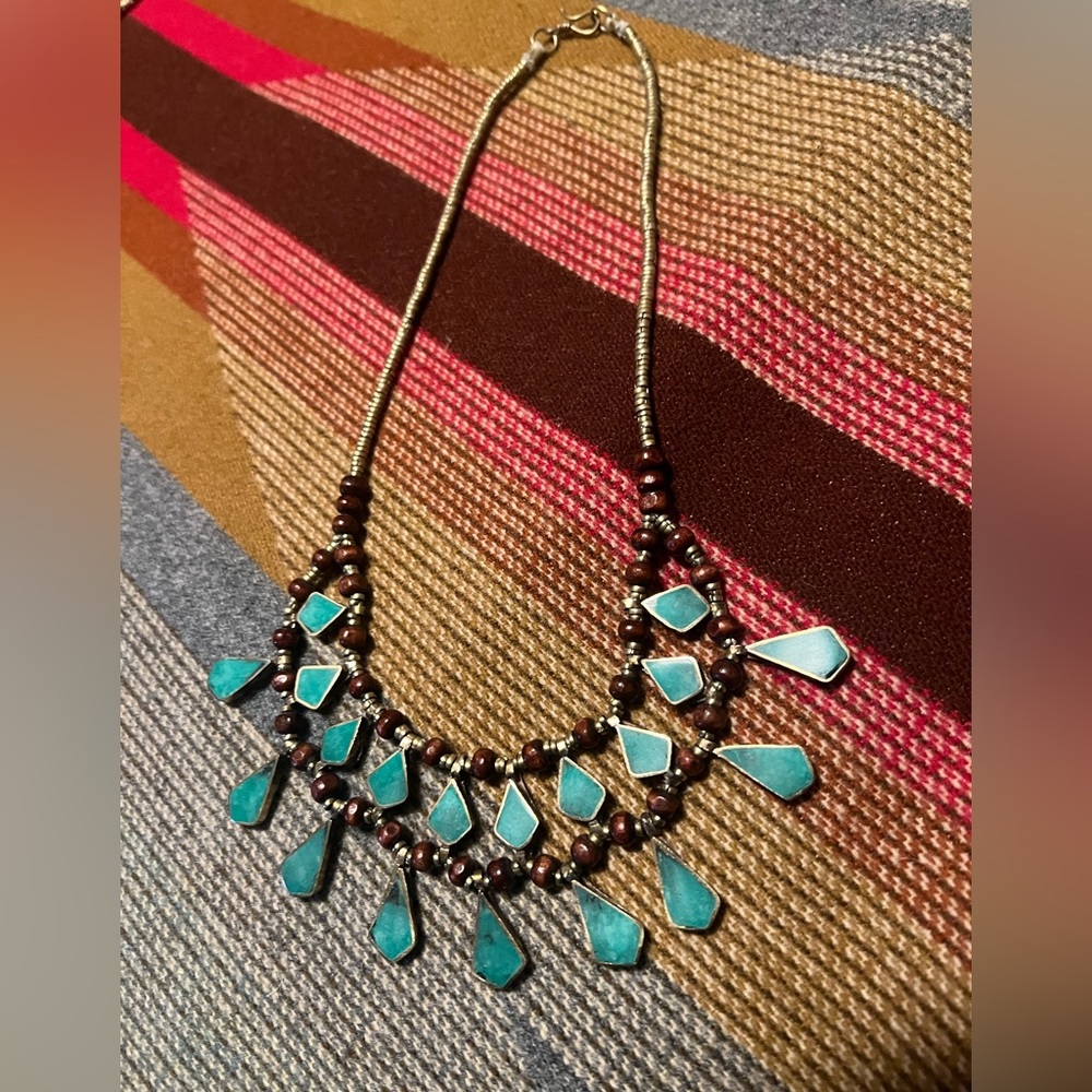 Deep green turquoise Tibetan necklace with wood necklace.